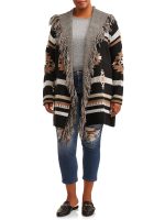 Absolutely Famous Women's Plus Size Jacquard Open-Front Cardigan with Fringe Trim - Image 3