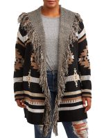 Absolutely Famous Women's Plus Size Jacquard Open-Front Cardigan with Fringe Trim